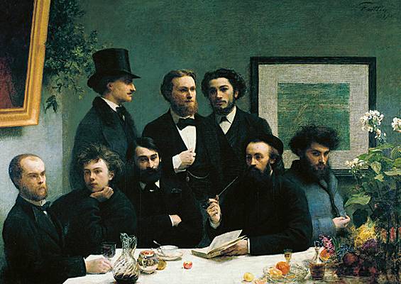 Tableau de Henri Fantin-Latour représentant les poètes lors d'un dîner le 2 mars 1872, avec Paul Verlaine, Arthur Rimbaud, Léon Valade, Ernest d'Hervilly, Camille Pelletan, Pierre Elzéar, Emile Blémont, Jean Aicard y